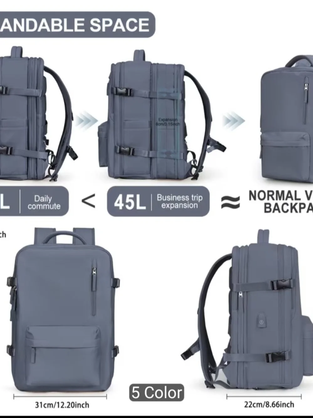 Expandable Grey Travel Backpack - 32L/45L